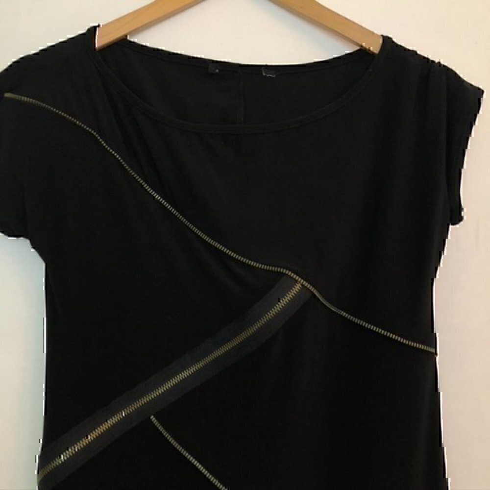 Solid Black Asymmetrical Zip Zipper Polyester Cap Sleeve Tunic or Mini Dress ? - Picture 2 of 3